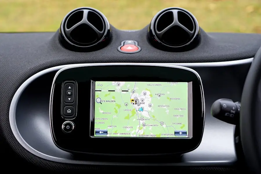 Close-up view of a modern car dashboard featuring a GPS map for navigation.